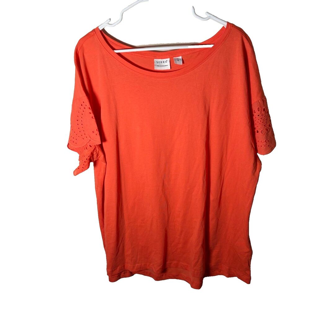 Serra T-Shirt Women's XL Orange Round Neck Short Sleeve Eyelet Boho Top